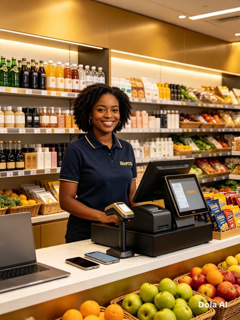 Smiling Cashier at BizPOS Modern Retail Counter